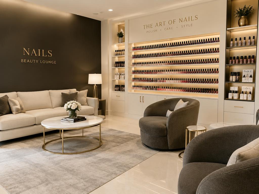 A tidy nail salon waiting area and retail display